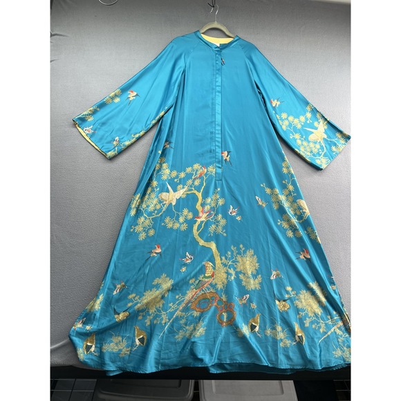Natori Robe Womens Large Blue Kimono Long Sleeve Bird Floral Embroidered 55in - Picture 5 of 16